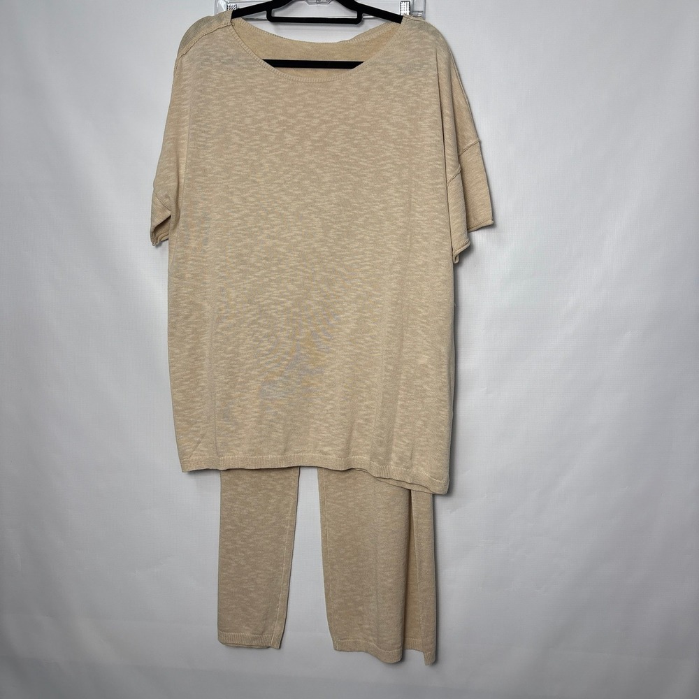 Mango Beige Knit 2 Piece Set Short Sleeve Top Wide Leg Pants XL Loungewear